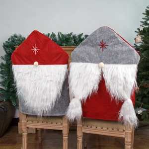 Christmas Gnome Chair Cover Nordic Faceless Old Man Star Embroidery Artificial Fur Beard Dining Party Decor Red Gray