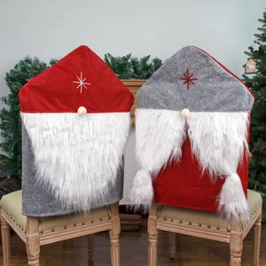 Pair of Nordic gnome Christmas chair covers with plush beards and star embroidery decor