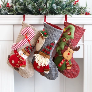 Large Knitted Christmas Stockings Rustic Santa Snowman Reindeer 3D Applique Fireplace Hanging Gift Bags Festival Decor