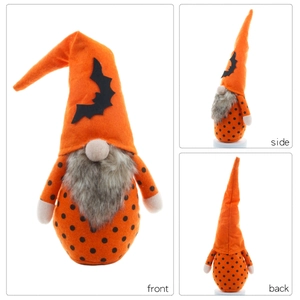 Gnomo di Halloween arancione con pipistrello, viste frontale, laterale e posteriore