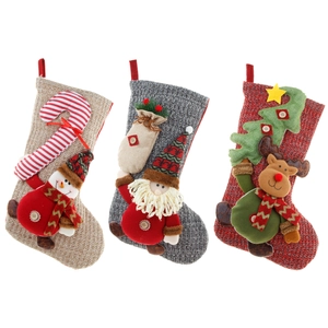 Set of 3 knitted Christmas stockings featuring 3D Santa, Snowman, and Reindeer designs