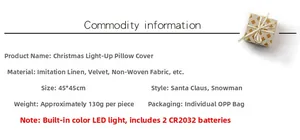 Detailed specs for LED Christmas pillowcases featuring Santa and Snowman designs