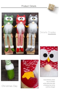 Close-up of three handmade Christmas owl plush dolls with long legs and knitted textures