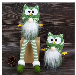Detail of Christmas owl gnome plush with green knit fabric and white faux fur beard