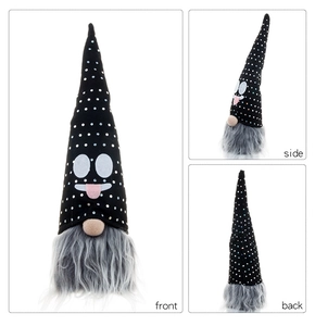 Driezijdig beeld van de Halloween-kabouter met spookhoed en pluchen baard, diverse hoeken