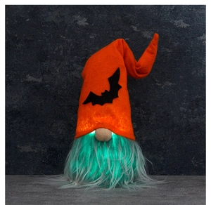 Lichtgevende Halloween kabouter met oranje hoed en groen LED-licht aan de binnenzijde