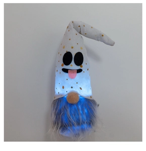 Detail van Halloween kabouter met witte pailletten hoed en blauw gloeiende LED baard