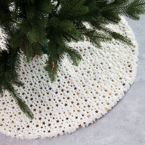 Gold Star Printed Plush Christmas Tree Skirt Faux Fur Round Tree Mat Base Cover For Xmas Holiday Party Home Decoration