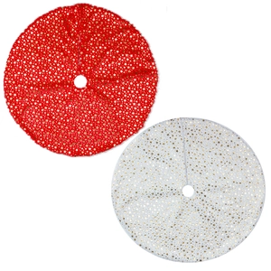 Plush Christmas tree skirt with gold star sequins in red and white colors