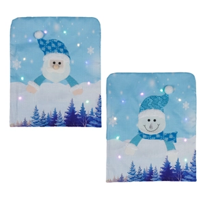 Coprisedie natalizie azzurre con luci LED e ricami a tema Babbo Natale e pupazzo di neve