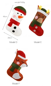 Detailed view of three felt Christmas stockings featuring snowman, elk, and fox characters