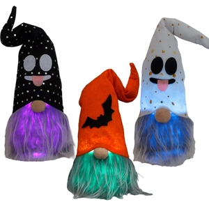 Drie Halloween LED-kabouters met vleermuis- en spookmutsen op witte achtergrond