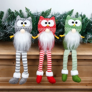 Set of three Christmas owl gnomes with long legs for festive holiday shelf decoration
