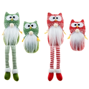 Set of four Christmas owl gnomes in red and green with striped legs and plush textures