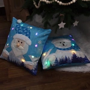 Luminous Christmas pillow cover with LED lights featuring Santa Claus and snowman patterns