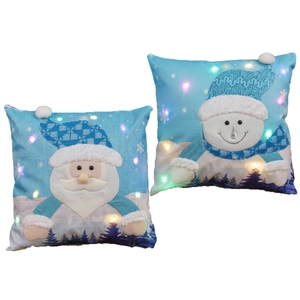 LED lighted Christmas pillow covers set with Santa Claus and Snowman on blue linen
