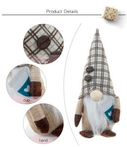 Detail view of coffee-themed gnome featuring burlap fabric and plush faux fur beard