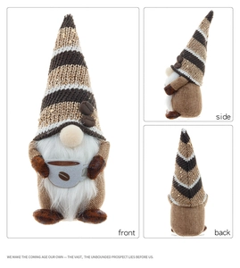 Coffee gnome plush showing front side and back views with sequined hat and bean details