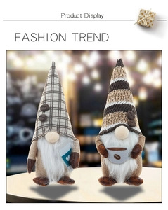 Detail of coffee gnomes with textured knit hats and small decorative cups