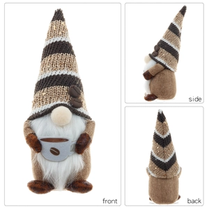 Three-sided view of coffee gnome ornament with striped hat and white beard on white background