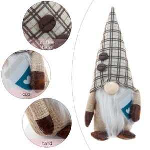 Coffee gnome plush doll with buffalo plaid hat and teal cup decoration for home display