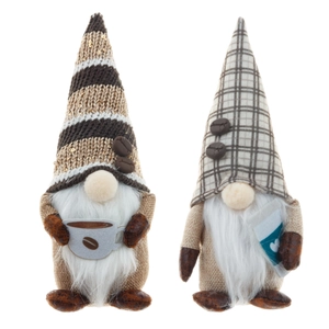 Pair of coffee gnome plush dolls with striped hats and tiny coffee cups for home decor