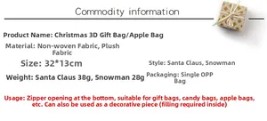 Detail view of 32x13cm Santa and Snowman gift bags with bottom zipper and plush fabric