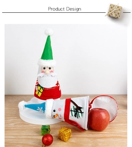 Detail of Christmas felt gift bags featuring Santa and Snowman designs with plush accents