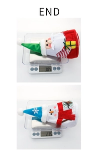 Detailed scale view showing the light weight of Santa and Snowman fabric gift bags