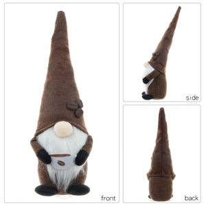 Figurine gnome café en peluche avec long chapeau marron et tasse sous plusieurs angles