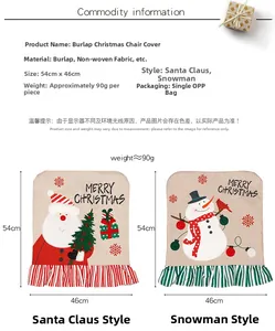 Detail of Christmas chair covers made of burlap fabric featuring Santa and Snowman embroidery