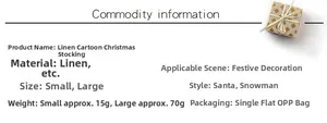 Detailed size chart for linen Christmas stockings featuring Santa and Snowman designs