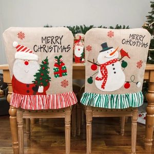 Christmas Embroidered Linen Chair Back Covers Santa Claus Snowman Pattern Dining Chair Protectors For Holiday Party Decorations