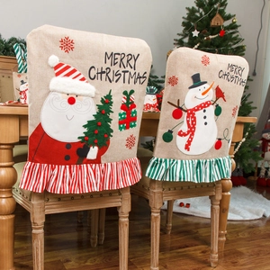 Christmas chair covers with Santa and Snowman embroidery and striped ruffle trim