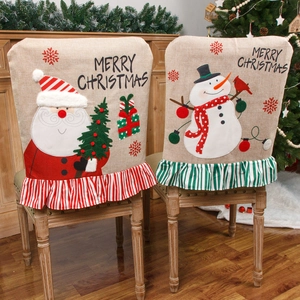 Set of 2 burlap Christmas chair covers featuring embroidered Santa and Snowman patterns