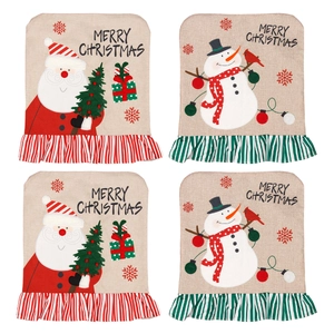Set of 4 Christmas chair covers with Santa Claus and Snowman embroidery in burlap texture