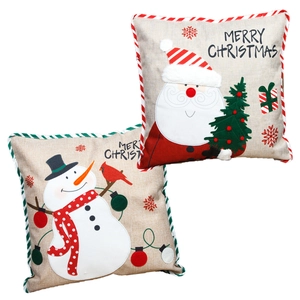 Linen Christmas pillowcases featuring Santa and Snowman with Merry Christmas print