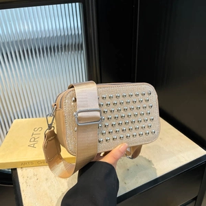 Fashion Rivet Crossbody Bag For Women Luxury Glitter Camera Bag Punk Small Square Bag With Wide Strap Shoulder Bag