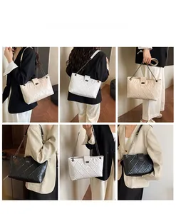 Collage of quilted tote bags shown on model in black, white, and beige colors