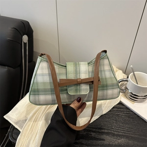 Retro green plaid underarm bag with brown leather strap and bow detail for women