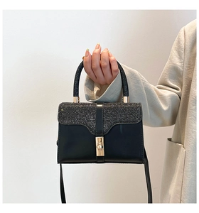 Detailansicht der schwarzen Tasche mit silbernen Pailletten und goldenem Drehverschluss