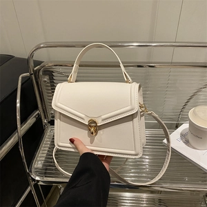 Women PU Leather Small Square Bag Simple Solid Color Shoulder Crossbody Bag With Gold Lock And Adjustable Strap Trendy Handbag