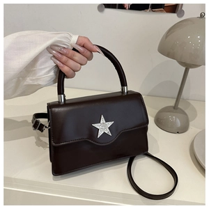 Détail du sac carré en cuir marron chocolat avec boucle étoile en strass et chaîne argent