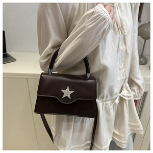 Détail du sac bandoulière en cuir glacé marron avec boucle étoile en strass argentés