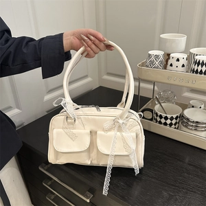 Women PU Leather Underarm Bag Vintage Sweet Style Lace Bow Ribbon Double Front Pockets Pillow Shoulder Bag Fashion Handbag