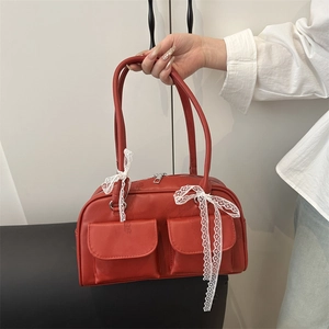 Red retro leather pillow shoulder bag with pockets and lace bows for women