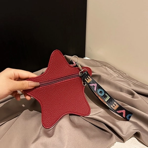 Star-shaped red leather coin purse with LOVE embroidered strap and silver metal zipper