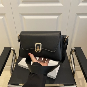 Minimalist black faux leather crossbody bag with elegant golden square rotary lock buckle
