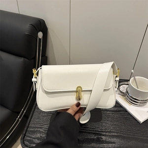 Minimalist white faux leather underarm shoulder bag with elegant gold buckle closure