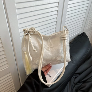 Butterfly Embroidery Lace Tote Bag For Women French Style Tassel Shoulder Bag Large Capacity Vintage Elegant Handbag Daily
